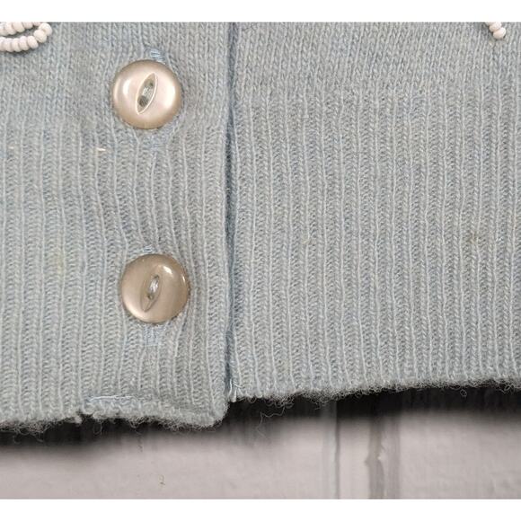 Vintage 1950s Blue and White Beaded Floral Button Up Cardigan Sweater XS/S *READ - Picture 3 of 10